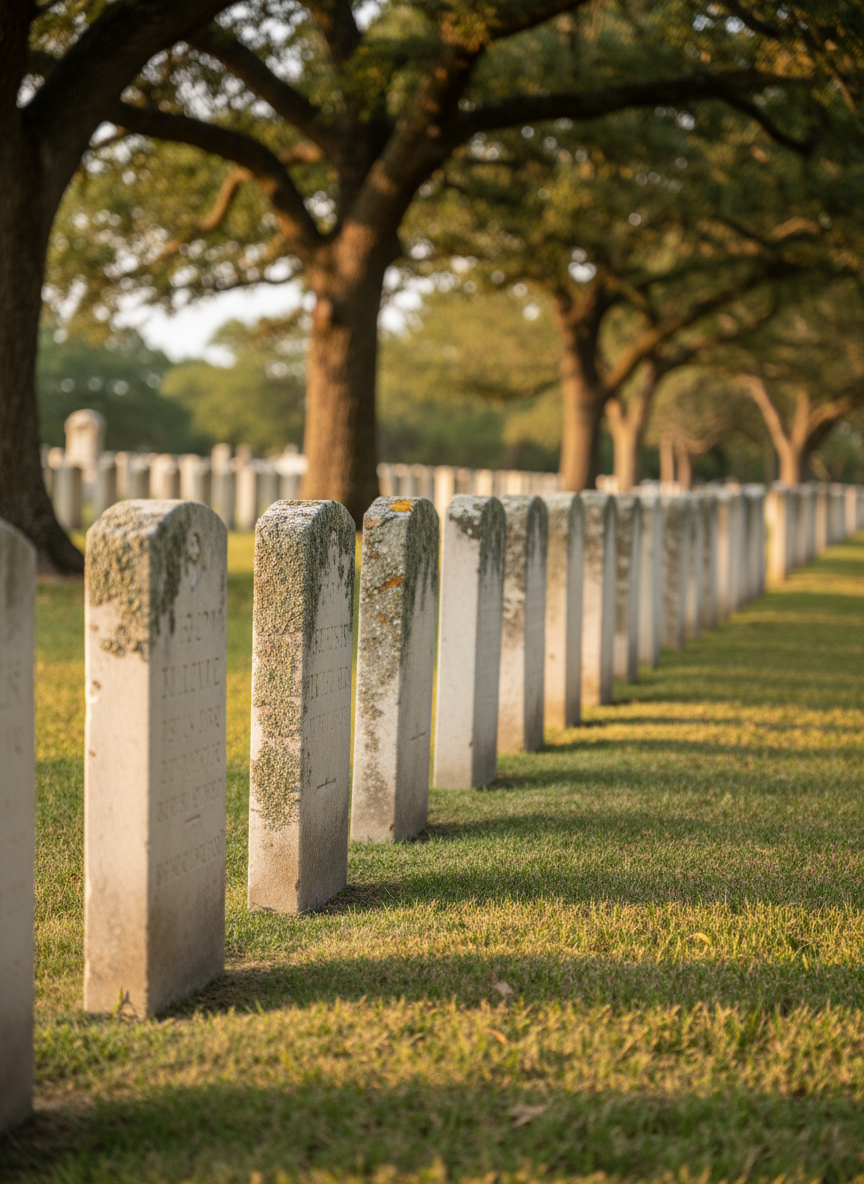 An orderly row of historic limestone headstones in a well-kept Central Texas cemetery, each stone showing gentle age with soft lichen, faint carving, and subtly rounded edges. The markers stand in level alignment on neatly trimmed native grass, with mature live oaks and cedar elms in the softly blurred background. Late afternoon golden-hour sunlight filters through branches, casting dappled, warm light across the stones and creating long, gentle shadows. Photographed at eye level with a shallow depth of field, the front stones are in crisp focus while the background melts into a soft bokeh. The mood is respectful, calm, and professional, emphasizing careful preservation in clean, photographic realism.