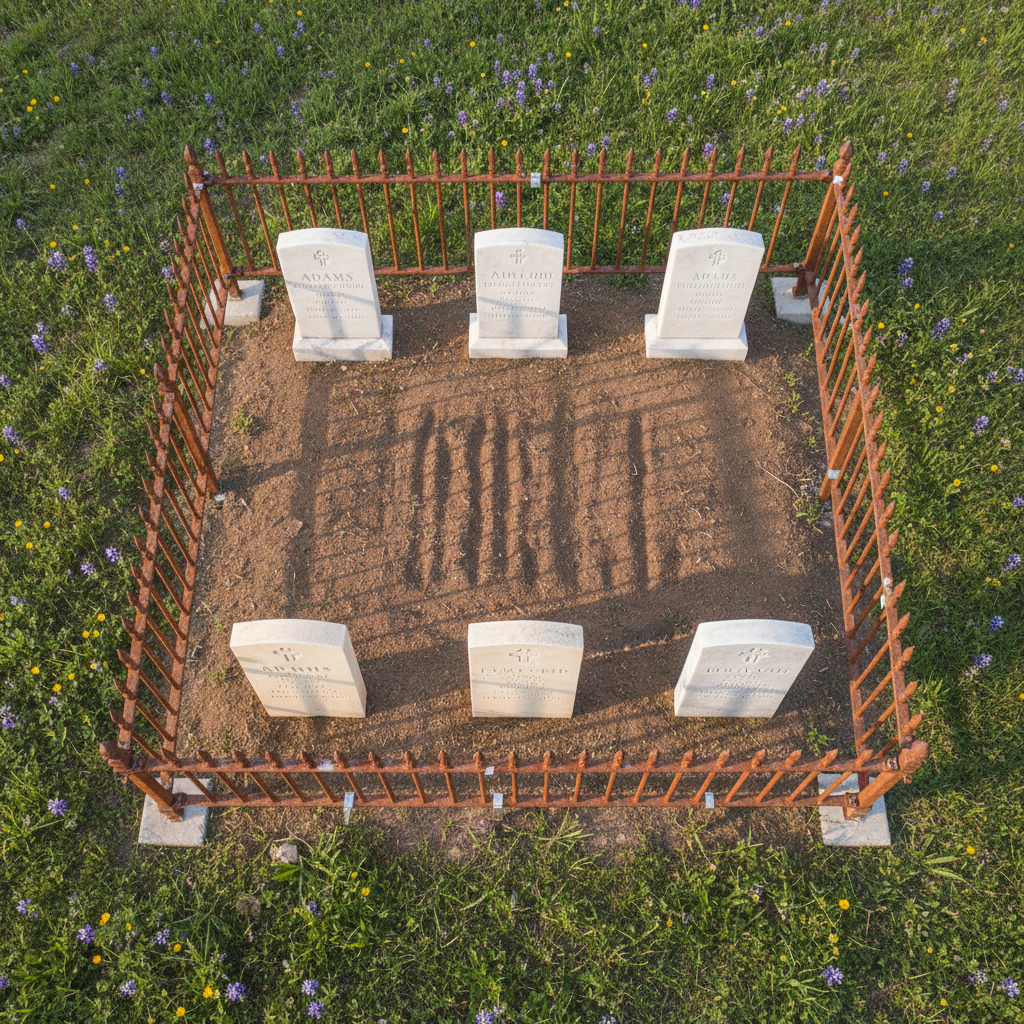 A bird’s eye view of a historic family plot in a Central Texas cemetery, enclosed by a low, rusted wrought-iron fence that has been carefully straightened and stabilized. Within the fence, several matching limestone and marble markers stand upright and evenly spaced on raked, debris-free ground. Small native wildflowers dot the surrounding grass outside the enclosure. Soft morning light from a high angle bathes the scene, creating minimal but clear shadows and making the stones’ carved names and dates legible. The composition is symmetrical and orderly, emphasizing structure and documentation. Photographic realism and a neutral, professional color palette communicate respectful, meticulous preservation and site organization.